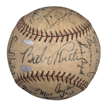 1934 New York Yankees Team Signed OAL Harridge Baseball (Very BOLD) With 22 Signatures Including Ruth, Gehrig & Lazzeri (JSA)